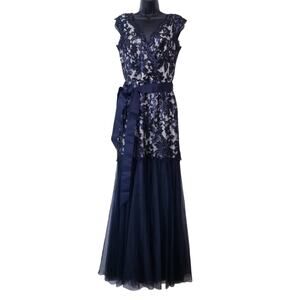 Tadashi Shoji Lace Tulle Sequins Mermaid Gown Long Dress with Belt